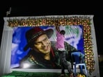 A painting of deceased singer Zubeen Garg put up at a community Durga Puja pandal, in Guwahati, Sunday, Sept. 28, 2025. A painting of deceased singer Zubeen Garg put up at a community Durga Puja pandal, in Guwahati, Sunday, Sept. 28, 2025.