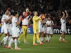 PSG's goalkeeper Lucas Chevalier and teammates applaud fans after the Champions League match against Barcelona PSG's goalkeeper Lucas Chevalier and teammates applaud fans after the Champions League match against Barcelona