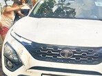 The white Tata Harrier SUV involved in the death of a six-year-old child in Indirapuram’s Shakti Khand 4. (Sakib Ali / HT PHOTO)