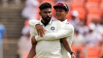 India's Mohammed Siraj, left, and Yashasvi Jaiswal celebrates the dismissal of West Indies' Brandon King. (AP) India's Mohammed Siraj, left, and Yashasvi Jaiswal celebrates the dismissal of West Indies' Brandon King. (AP)