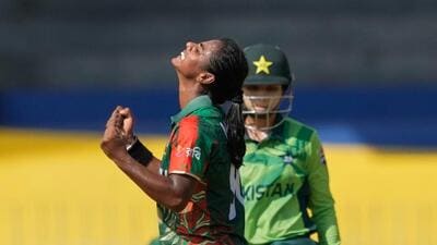 Bangladesh's Marufa Akter celebrates the wicket of Pakistan's Omaima Sohail during the ICC Women's Cricket World Cup. (AP) Bangladesh's Marufa Akter celebrates the wicket of Pakistan's Omaima Sohail during the ICC Women's Cricket World Cup. (AP)