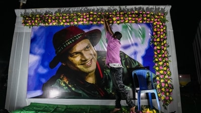 A painting of deceased singer Zubeen Garg put up at a community Durga Puja pandal, in Guwahati, Sunday, Sept. 28, 2025. (PTI) A painting of deceased singer Zubeen Garg put up at a community Durga Puja pandal, in Guwahati, Sunday, Sept. 28, 2025. (PTI)