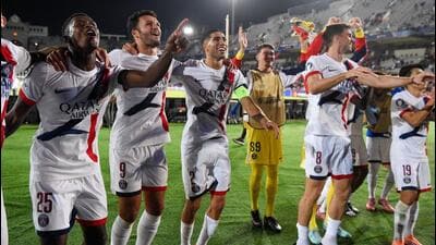 Paris Saint-Germain players celebrate winning the Champions League match against FC Barcelona. (AFP) Paris Saint-Germain players celebrate winning the Champions League match against FC Barcelona. (AFP)
