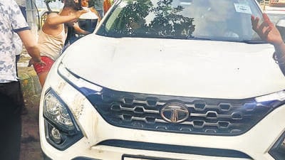 The white Tata Harrier SUV involved in the death of a six-year-old child in Indirapuram’s Shakti Khand 4. (Sakib Ali / HT PHOTO)