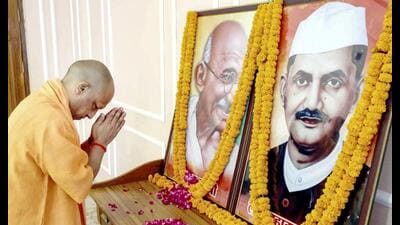 UP chief minister Yogi Adityanath pays homage to Mahatma Gandhi and former PM Lal Bahadur Shastri on the occasion of their birth anniversary, at Gorakhnath Temple in Gorakhpur on October 2. (Agency) UP chief minister Yogi Adityanath pays homage to Mahatma Gandhi and former PM Lal Bahadur Shastri on the occasion of their birth anniversary, at Gorakhnath Temple in Gorakhpur on October 2. (Agency)