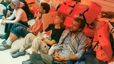 Greta Thunberg seen with other activists after Israeli military intercepted the Gaza aid flotilla Greta Thunberg seen with other activists after Israeli military intercepted the Gaza aid flotilla