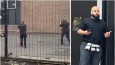 The attacker rammed his car into the people outside the synagogue and then reportedly stabbed a man. (X/@MGonigle/@aldamu_jo) The attacker rammed his car into the people outside the synagogue and then reportedly stabbed a man. (X/@MGonigle/@aldamu_jo)