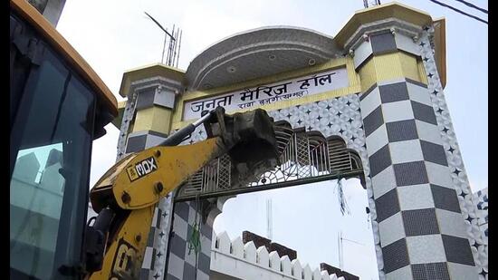 Administration conducts a demolition drive on illegal constructions, in Rae Buzurg village in Sambhal, on Thursday (ANI Video Grab)