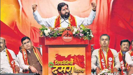 Mumbai, India - October 02, 2025: Deputy Chief Minister Eknath Shinde's faction hold its Dussehra rally at the Nesco Centre in Goregaon, inside an air-conditioned dome, to counter the threat of rain in Mumbai, India, on Thursday, October 02, 2025. (Photo by Satish Bate/ Hindustan Times) (Hindustan Times)
