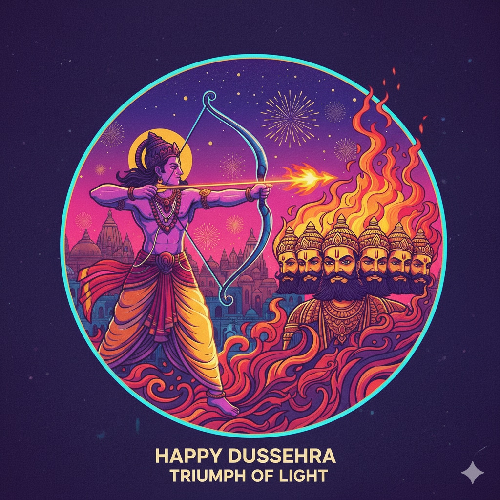May the divine blessings of Lord Rama and Goddess Durga fill your life with happiness, peace, and endless success. Happy Dussehra! (Source: Google Gemini) May the divine blessings of Lord Rama and Goddess Durga fill your life with happiness, peace, and endless success. Happy Dussehra! (Source: Google Gemini)