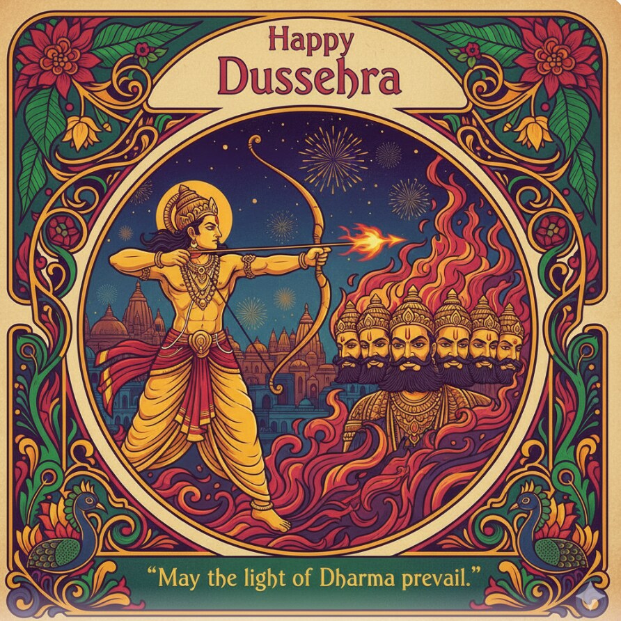 May this Dussehra bring light, happiness, and positivity into your life as good triumphs over evil. Source: Google Gemini May this Dussehra bring light, happiness, and positivity into your life as good triumphs over evil. Source: Google Gemini