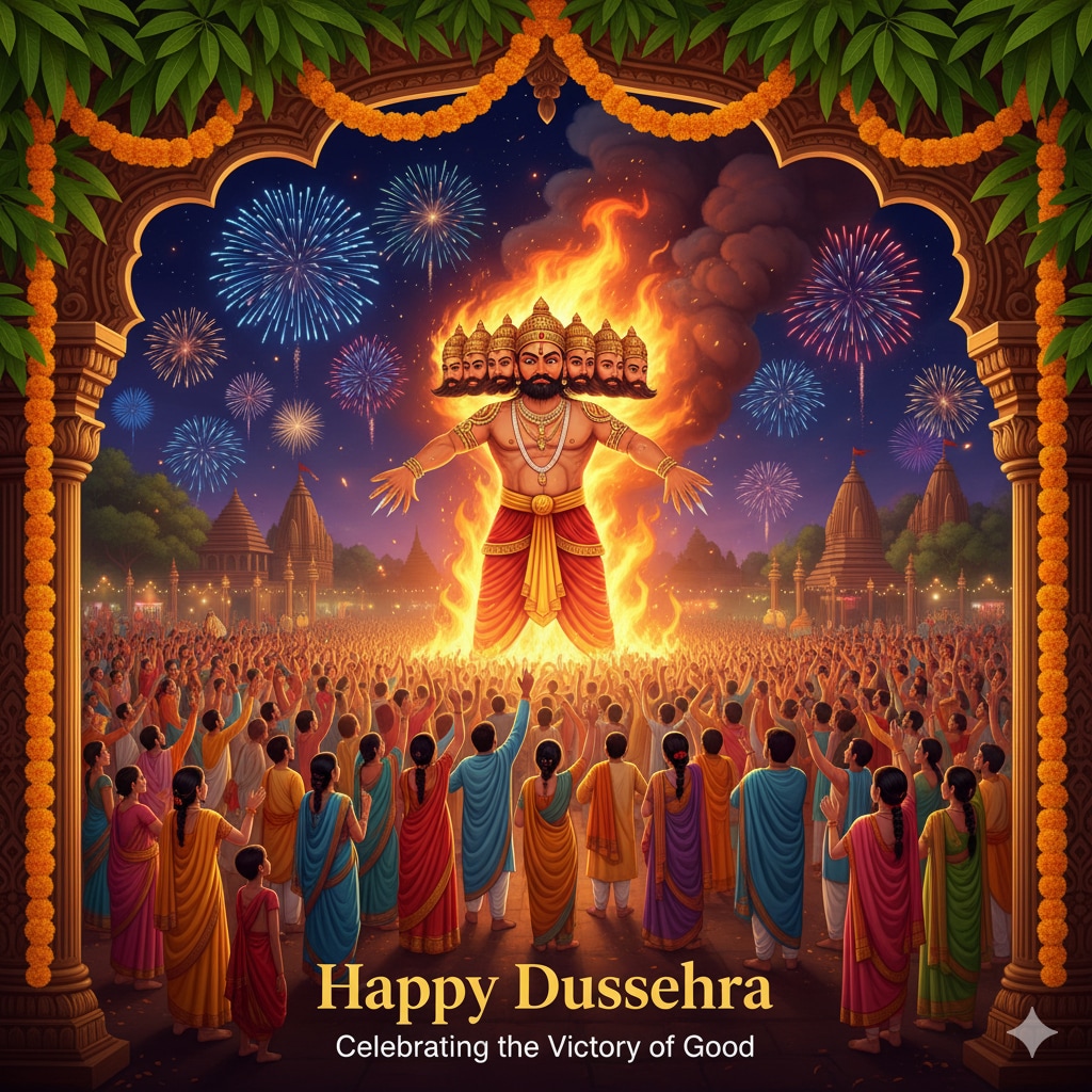 Here’s wishing you victory in all your endeavors and happiness in abundance this Dussehra. (Source: Google Gemini) Here’s wishing you victory in all your endeavors and happiness in abundance this Dussehra. (Source: Google Gemini)