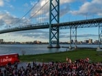 A Liberal Party campaign rally near the Ambassador Bridge linking Ontario with Michigan, U.S., in Windsor, Ontario, Canada, on April 26, 2025. (REUTERS) A Liberal Party campaign rally near the Ambassador Bridge linking Ontario with Michigan, U.S., in Windsor, Ontario, Canada, on April 26, 2025. (REUTERS)