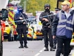 Armed police officers at the scene of a stabbing incident at Heaton Park Hebrew Congregation synagogue, in Crumpsall, Manchester, England, Armed police officers at the scene of a stabbing incident at Heaton Park Hebrew Congregation synagogue, in Crumpsall, Manchester, England,
