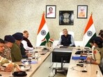 Ladakh lieutenant governor Kavinder Gupta chairs a high-level security review meeting in Leh on Friday. (ANI)