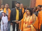 Puja Shakun Pandey symbolically firing at Mahatma Gandhi’s portrait at an event in Aligarh on Mahatma Gandhi’s death anniversary in 2019. (HT File)