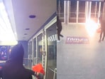 Film.ca cinemas said two masked suspect carrying red gas cans set fire to the entrance doors of the theatre.
