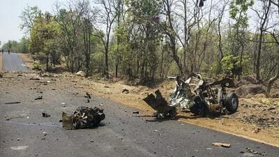 (LOW RES PIC)Maharashtra, India - May 1, 2019:Mangled remains of a police vehicle , Fifteen jawans of C-60, an anti-Maoist squad of Gadchiroli police, and a driver were killed in a powerful landmine blast on Dadapur Road in Gadchiroli district in Maharashtra, India, on Wednesday, May 1, 2019. (HT PHOTO) (Mumbai/Delhi) (LOW RES PIC)Maharashtra, India - May 1, 2019:Mangled remains of a police vehicle , Fifteen jawans of C-60, an anti-Maoist squad of Gadchiroli police, and a driver were killed in a powerful landmine blast on Dadapur Road in Gadchiroli district in Maharashtra, India, on Wednesday, May 1, 2019. (HT PHOTO) (Mumbai/Delhi)
