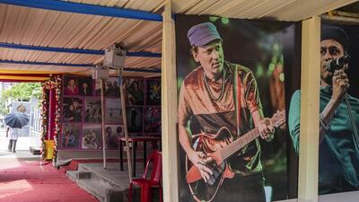 A pavilion with photographs of deceased singer Zubeen Garg, at the entrance of a community Durga Puja pandal in Guwahati (PTI FILE PHOTO) A pavilion with photographs of deceased singer Zubeen Garg, at the entrance of a community Durga Puja pandal in Guwahati (PTI FILE PHOTO)