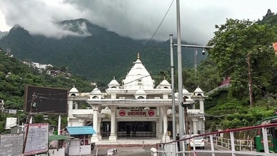 A deserted view of the Banganga entrance gate as the Shri Mata Vaishno Devi Yatra remains suspended for the sixth consecutive day due to landslides triggered by incessant rainfall, at Katra in Reasi on Sunday. (ANI Video Grab)