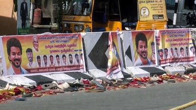 A view of the spot where a stampede occurred in Karur. (ANI Video Grab) A view of the spot where a stampede occurred in Karur. (ANI Video Grab)