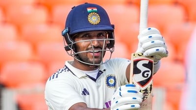 Dhruv Jurel celebrates his century on day two of the first Test against West Indies. (PTI) Dhruv Jurel celebrates his century on day two of the first Test against West Indies. (PTI)