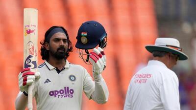 India’s KL Rahul celebrates after scoring a century on the second day of the first Test against West Indies. (AP) India’s KL Rahul celebrates after scoring a century on the second day of the first Test against West Indies. (AP)