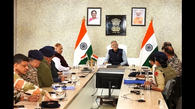 Ladakh lieutenant governor Kavinder Gupta chairs a high-level security review meeting in Leh on Friday. (ANI)