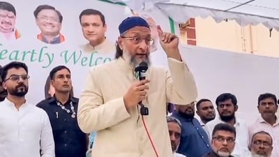 AIMIM chief Asaduddin Owaisi addresses a public meeting in Hyderabad, Telangana, on Thursday. (PTI) AIMIM chief Asaduddin Owaisi addresses a public meeting in Hyderabad, Telangana, on Thursday. (PTI)