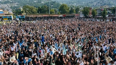 Members of Awami Action Committee chant slogans as they attend the funeral prayers of three victims, who were killed in Wednesday's clashes between police and protestors, in Muzaffarabad, the capital of Pakistani controlled Kashmir, Thursday, Oct. 2, 2025. (AP) Members of Awami Action Committee chant slogans as they attend the funeral prayers of three victims, who were killed in Wednesday's clashes between police and protestors, in Muzaffarabad, the capital of Pakistani controlled Kashmir, Thursday, Oct. 2, 2025. (AP)