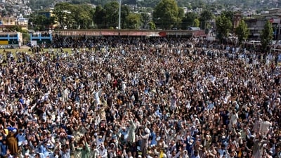 Activists of Awami Action Committee (AAC) chant slogans as they attend the funeral prayers for protesters who were allegedly killed by security personnel, during a demonstration in Muzaffarabad, capital of Pakistan-occupied Kashmir (AFP) Activists of Awami Action Committee (AAC) chant slogans as they attend the funeral prayers for protesters who were allegedly killed by security personnel, during a demonstration in Muzaffarabad, capital of Pakistan-occupied Kashmir (AFP)