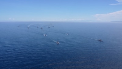 An aerial view shows Russian warships and submarines during major naval drills conducted by the Russian Navy in the Pacific and Arctic oceans and in the Baltic and Caspian seas (For representation/REUTERS)