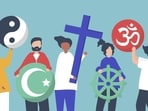 People holding diverse religious symbols illustration People holding diverse religious symbols illustration