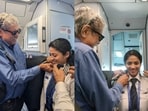 Kapil Dev pinned stripes on an IndiGo pilot inside the aircraft. Kapil Dev pinned stripes on an IndiGo pilot inside the aircraft.