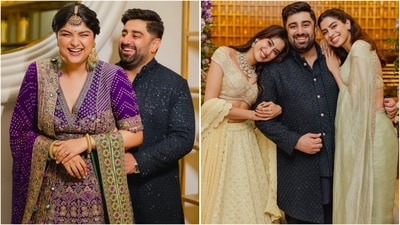 Anshula Kapoor shines in purple Bandhani lehenga for her engagement festivities. (Instagram/@anshulakapoor) Anshula Kapoor shines in purple Bandhani lehenga for her engagement festivities. (Instagram/@anshulakapoor)