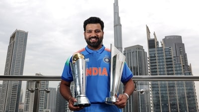Rohit Sharma poses with the ICC trophies he won as captain. (ICC- X) Rohit Sharma poses with the ICC trophies he won as captain. (ICC- X)