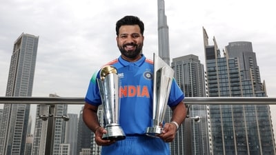 Rohit Sharma with the ICC Champions Trophy and the T20 World Cup. (ICC- X) Rohit Sharma with the ICC Champions Trophy and the T20 World Cup. (ICC- X)