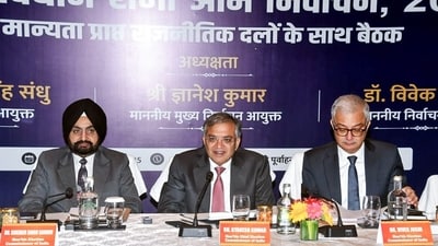 Chief Election Commissioner Gyanesh Kumar, along with commissioners Sukhbir Singh Sandhu and Vivek Joshi, at a review meeting with 12 recognised political parties of Bihar, in Patna on Saturday, October 4, 2025. (X/EC) Chief Election Commissioner Gyanesh Kumar, along with commissioners Sukhbir Singh Sandhu and Vivek Joshi, at a review meeting with 12 recognised political parties of Bihar, in Patna on Saturday, October 4, 2025. (X/EC)