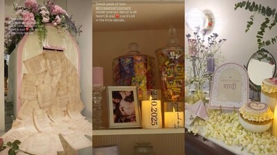 Anshula Kapoor took to Instagram and shared the dreamy decoration for her special day. The table was decorated with floors and a template that said “ghar ki pehli shaadi (first marriage of the house).” The decoration added a personal touch with her mother's photo in a frame.&nbsp; (Instagram)