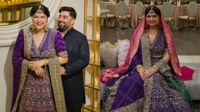 Anshula opted for a dreamy purple Bandhani lehenga which she paired with a coordinating Bandhani dupatta. The groom-to-be looked dashing in a black kurta payjama.&nbsp; (Instagram)