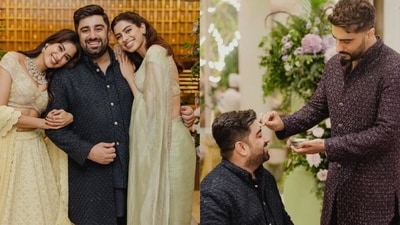 Janhvi Kapoor and Khushi Kapoor were also seen posing with their 'jiju' Rohan Thakkar, while Arjun Kapoor performed the duties of an elder brother.&nbsp; (Instagram)