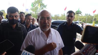 Former Manipur chief minister N Biren Singh speaks to media persons at Bir Tikendrajit International airport. Former Manipur chief minister N Biren Singh speaks to media persons at Bir Tikendrajit International airport.