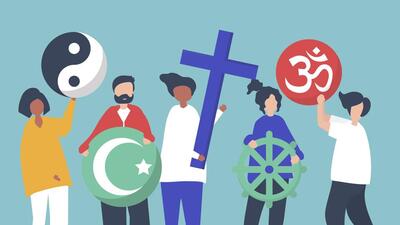 People holding diverse religious symbols illustration People holding diverse religious symbols illustration