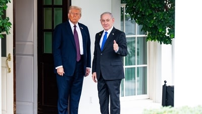 US President Donald Trump, left, and Benjamin Netanyahu, Israel's prime minister, during an arrival ceremony outside the West Wing of the White House in Washington, DC, US, on Sept. 29, 2025. (Bloomberg) US President Donald Trump, left, and Benjamin Netanyahu, Israel's prime minister, during an arrival ceremony outside the West Wing of the White House in Washington, DC, US, on Sept. 29, 2025. (Bloomberg)