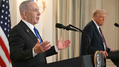US President Donald Trump and Israeli Prime Minister Benjamin Netanyahu participate in a press conference in the State Dining Room of the White House in Washington, DC on September 29, 2025. Israeli Prime Minister Benjamin Netanyahu on September 29 said he supported US President Donald Trump's 20-point plan to end the war in Gaza.
"I support your plan to end the war in Gaza which achieves our war aims. It will bring back to Israel all our hostages, dismantle Hamas's military capabilities, end its political rule and ensure that Gaza never again poses a threat to Israel," said Netanyahu, speaking at a joint press conference with Trump at the White House. (Photo by Jim WATSON / AFP) (AFP) US President Donald Trump and Israeli Prime Minister Benjamin Netanyahu participate in a press conference in the State Dining Room of the White House in Washington, DC on September 29, 2025. Israeli Prime Minister Benjamin Netanyahu on September 29 said he supported US President Donald Trump's 20-point plan to end the war in Gaza.
"I support your plan to end the war in Gaza which achieves our war aims. It will bring back to Israel all our hostages, dismantle Hamas's military capabilities, end its political rule and ensure that Gaza never again poses a threat to Israel," said Netanyahu, speaking at a joint press conference with Trump at the White House. (Photo by Jim WATSON / AFP) (AFP)