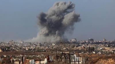 This picture taken during a media tour organised by the Israeli army on October 3, 2025, shows a plume of smoke rising above Gaza City during an Israeli strike. (AFP) This picture taken during a media tour organised by the Israeli army on October 3, 2025, shows a plume of smoke rising above Gaza City during an Israeli strike. (AFP)