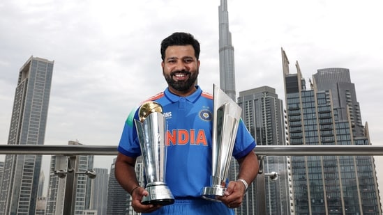 Rohit Sharma poses with the ICC trophies he won as captain. (ICC- X)