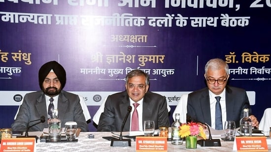 Chief Election Commissioner Gyanesh Kumar, along with commissioners Sukhbir Singh Sandhu and Vivek Joshi, at a review meeting with 12 recognised political parties of Bihar, in Patna on Saturday, October 4, 2025. (X/EC)