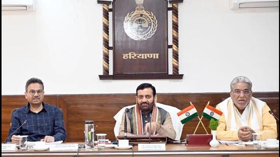 Haryana chief minister Nayab Singh Saini during a review meeting in Chandigarh on Saturday. (Sourced: X)