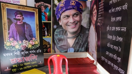 A pavilion with photographs of deceased singer Zubeen Garg, at the entrance of a community Durga Puja pandal, in Guwahati. (PTI File)